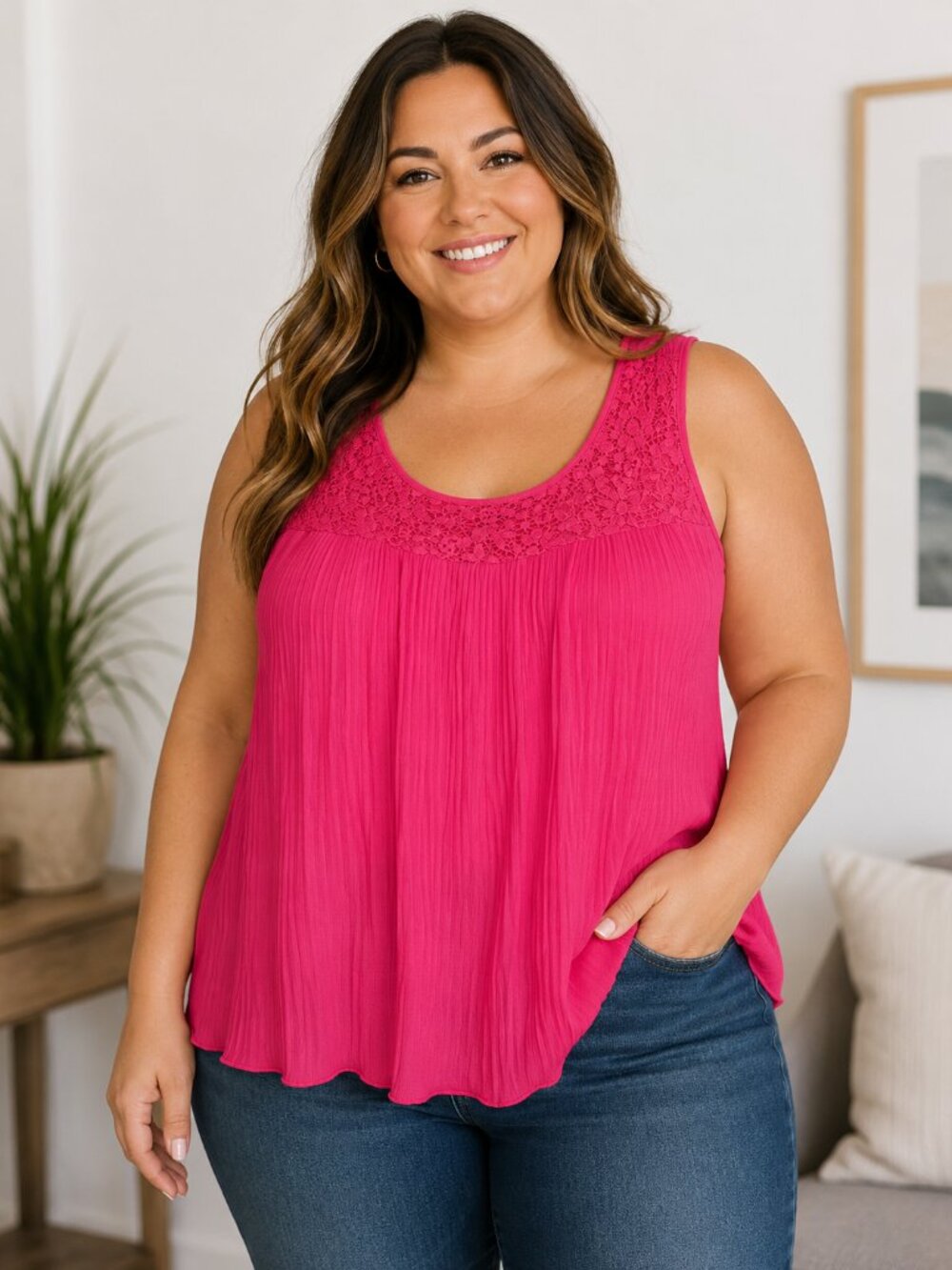 Women's XL Pink Sleeveless Pleated Blouse Lace Detail Flowy Casual Top